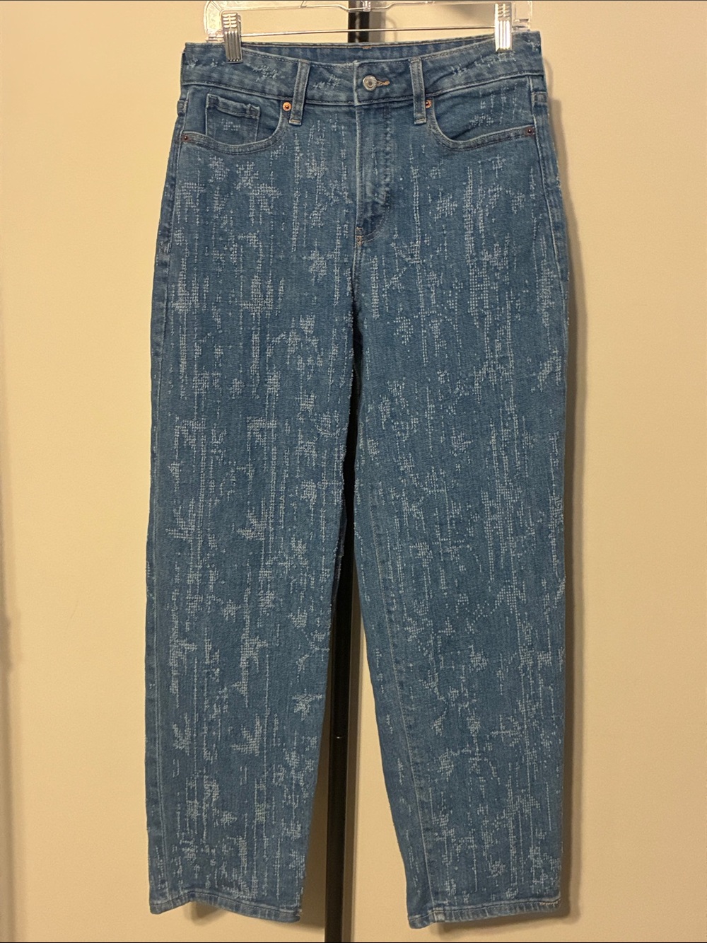 Old Navy High Rise OG Loose Blue Matrix Texture Straight Leg Stretch Jeans Sz 6 - Picture 2 of 7